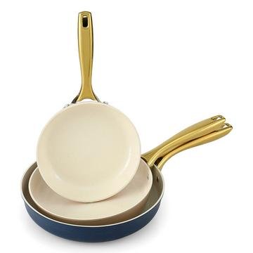 5 Star Chef ceramic non-stick frypan set in pink, brown and blue