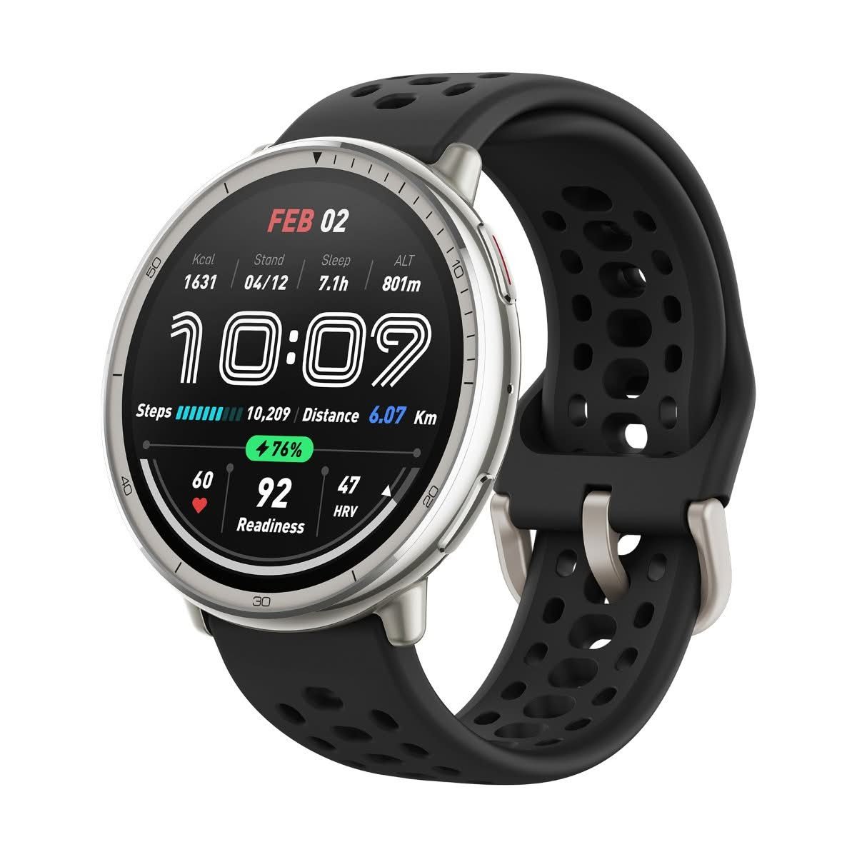 Amazfit Active 2 smartwatch with round AMOLED display and black sport silicone band