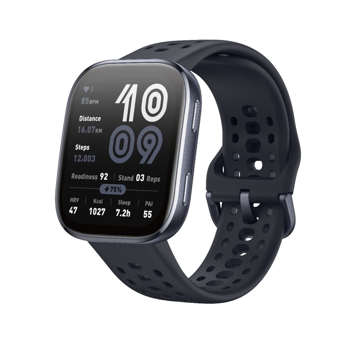 Amazfit Bip 6 smartwatch with large square AMOLED display and black silicone band