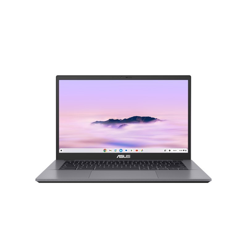 ASUS Chromebook Plus CX34 CX3402CVA in Rocky Grey, open at an angle showing the 14-inch display and backlit keyboard