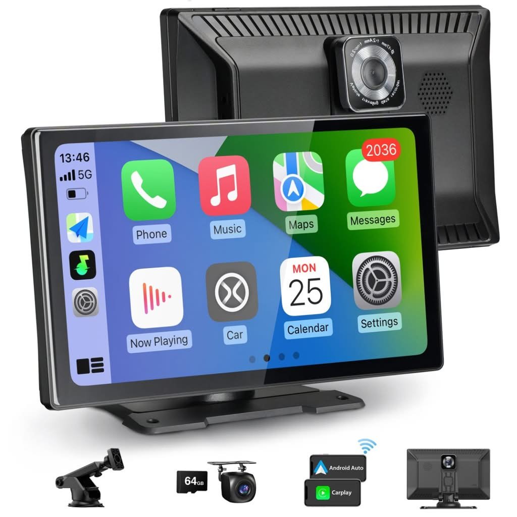 CARABC 9 inch wireless CarPlay screen with built-in dash cam