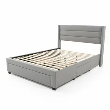 Coronado-A grey linen double bed frame with three drawers
