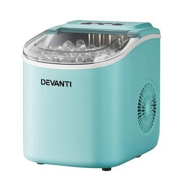 Green Devanti 12kg self-cleaning ice maker on a bench