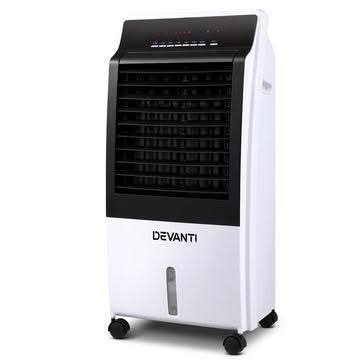 Devanti 8L evaporative air cooler in black and white with remote