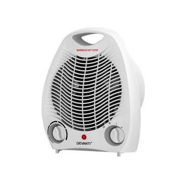 Devanti white 2000W electric fan heater with thermostat dial and carry handle