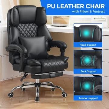 Ergonomic black PU leather reclining office chair with footrest