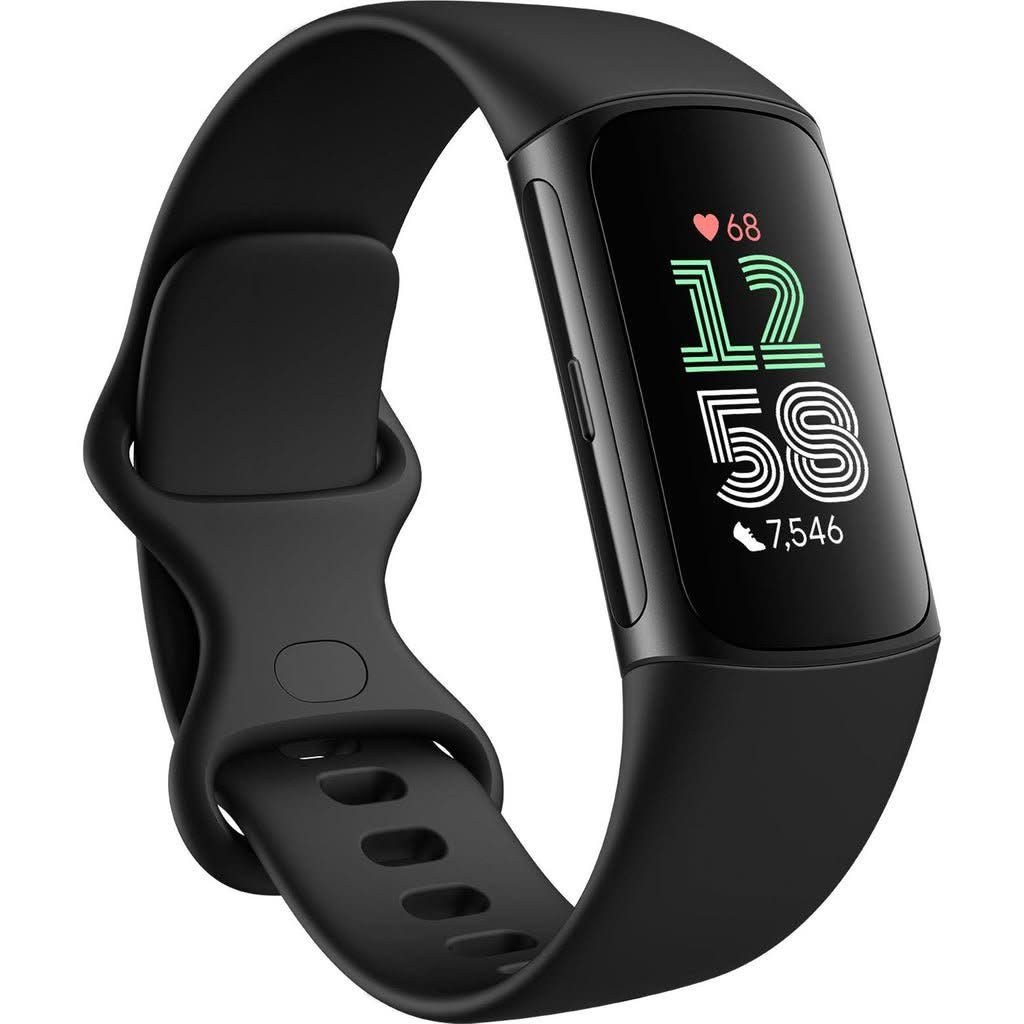Fitbit Charge 6 fitness tracker in Obsidian Black on a plain white background