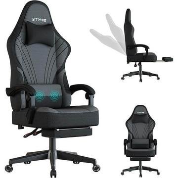 Grey high-back gaming chair with headrest and lumbar support