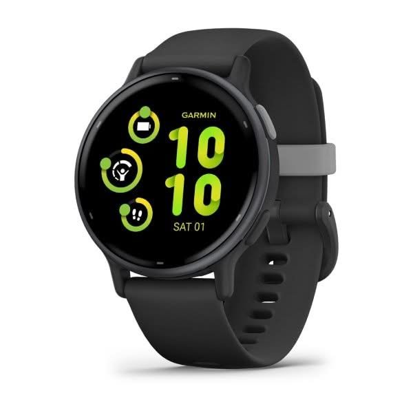 Garmin vivoactive 5 smartwatch in black with slate bezel and silicone band on a white background