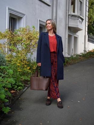 Gloss The Label Florence Coat in navy check with double-breasted buttons and notch lapels