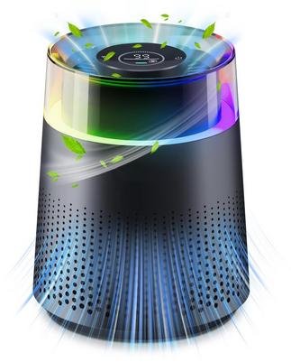 HEPA air purifier with adjustable LED light on a bedside table