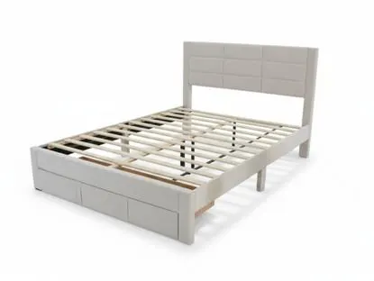 Hernan beige velvet queen bed frame with storage drawer