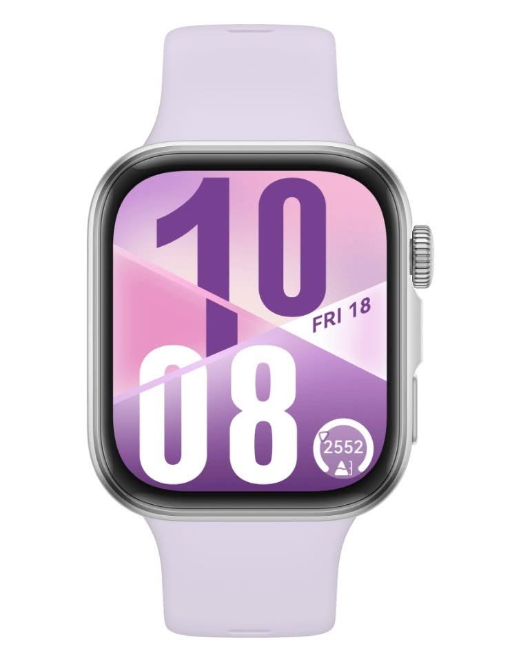 Huawei Watch Fit 4 in purple with silicone strap on a plain white background