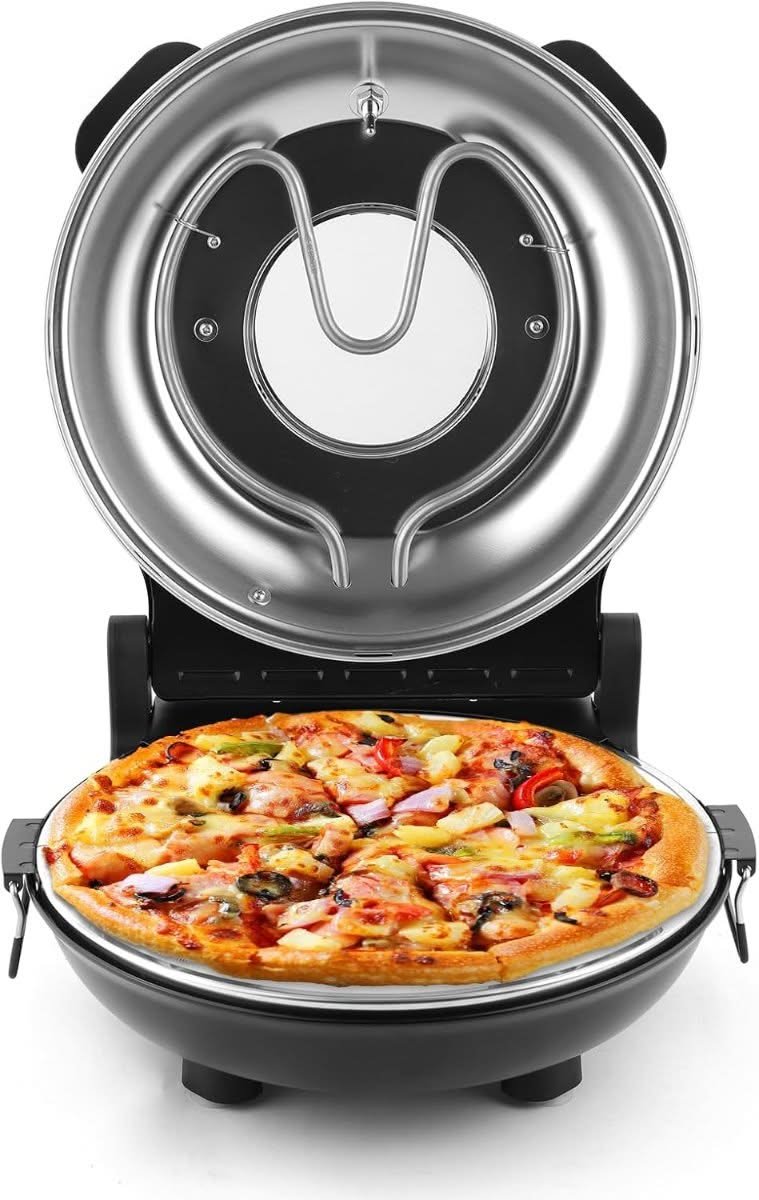 KLAIF countertop electric pizza oven in black with ceramic stone and viewing window