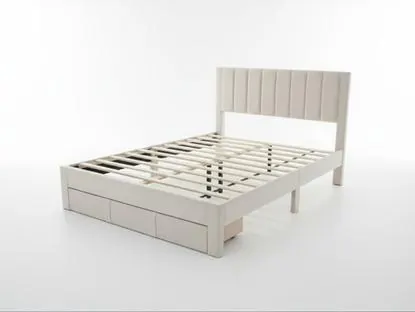 Manolo beige velvet queen bed frame with storage drawer