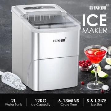 Silver Maxkon 12kg portable ice cube machine with see-through lid