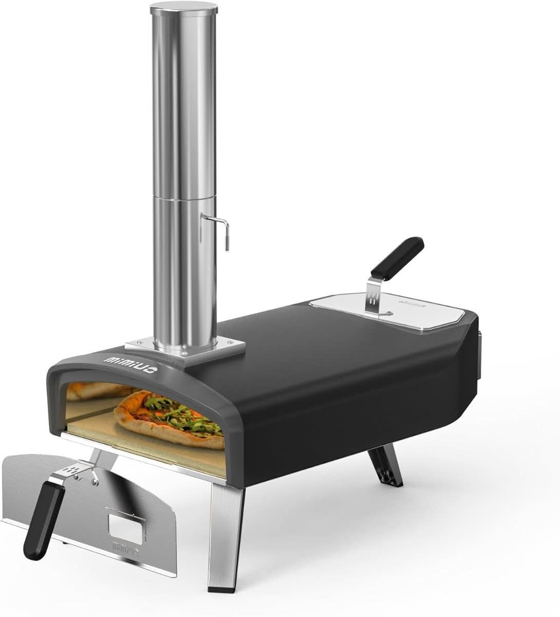 Mimiuo portable wood and charcoal outdoor pizza oven in black stainless steel