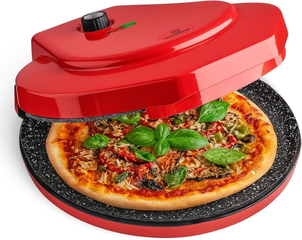 MisterChef ceramic pizza maker with dual ceramic plates in black and red