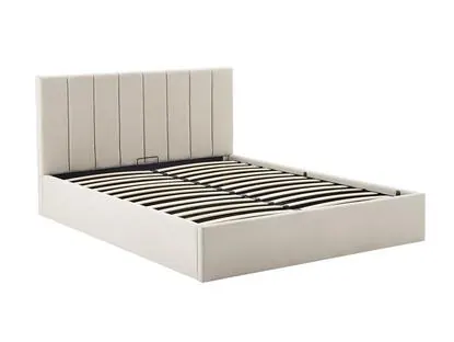 Shawnee Storage Bed Frame in beige linen with gas-lift base, queen