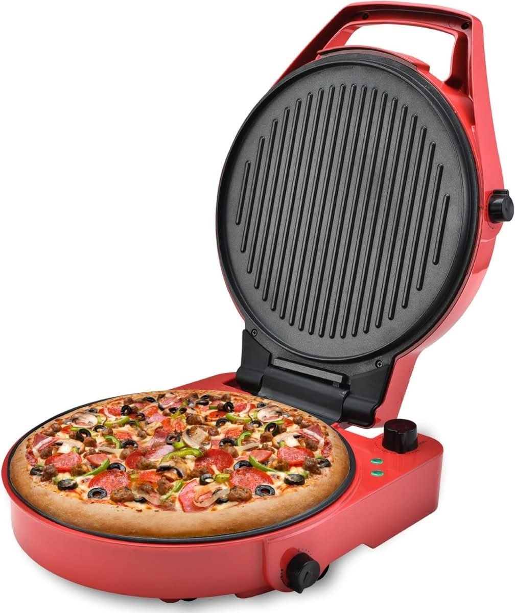TODO 1800W electric pizza maker in red with hinged lid and dual temperature controls