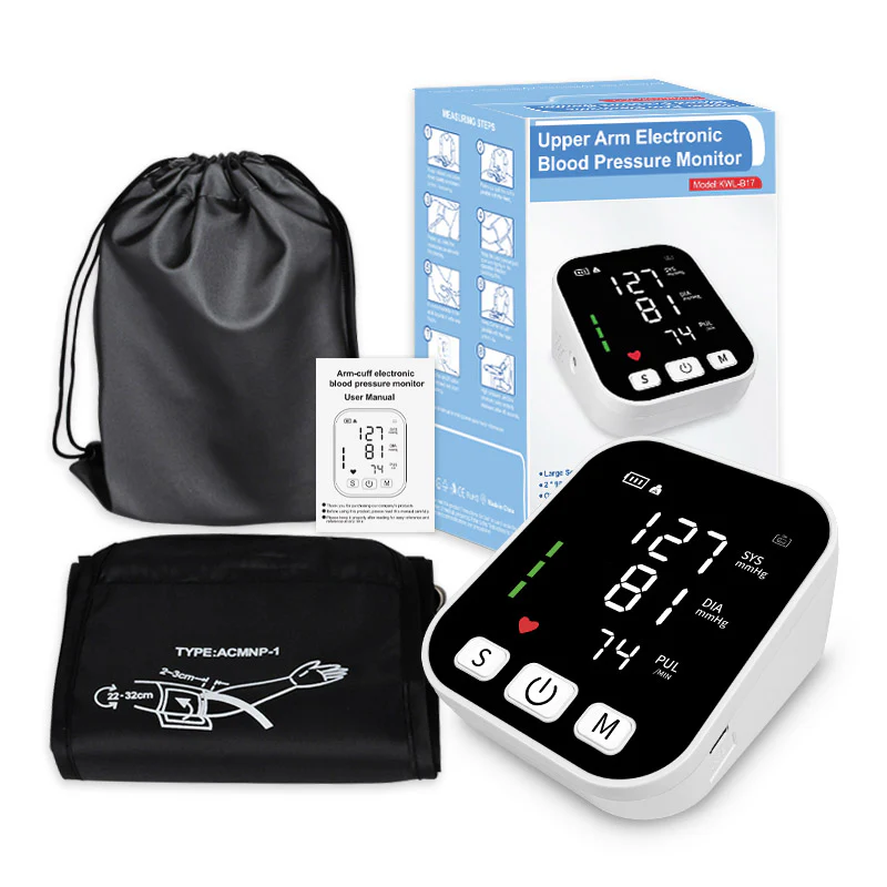 Upper arm blood pressure monitor with voice broadcast and wide cuff