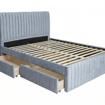 Wairoa grey velvet queen bed frame with side drawers