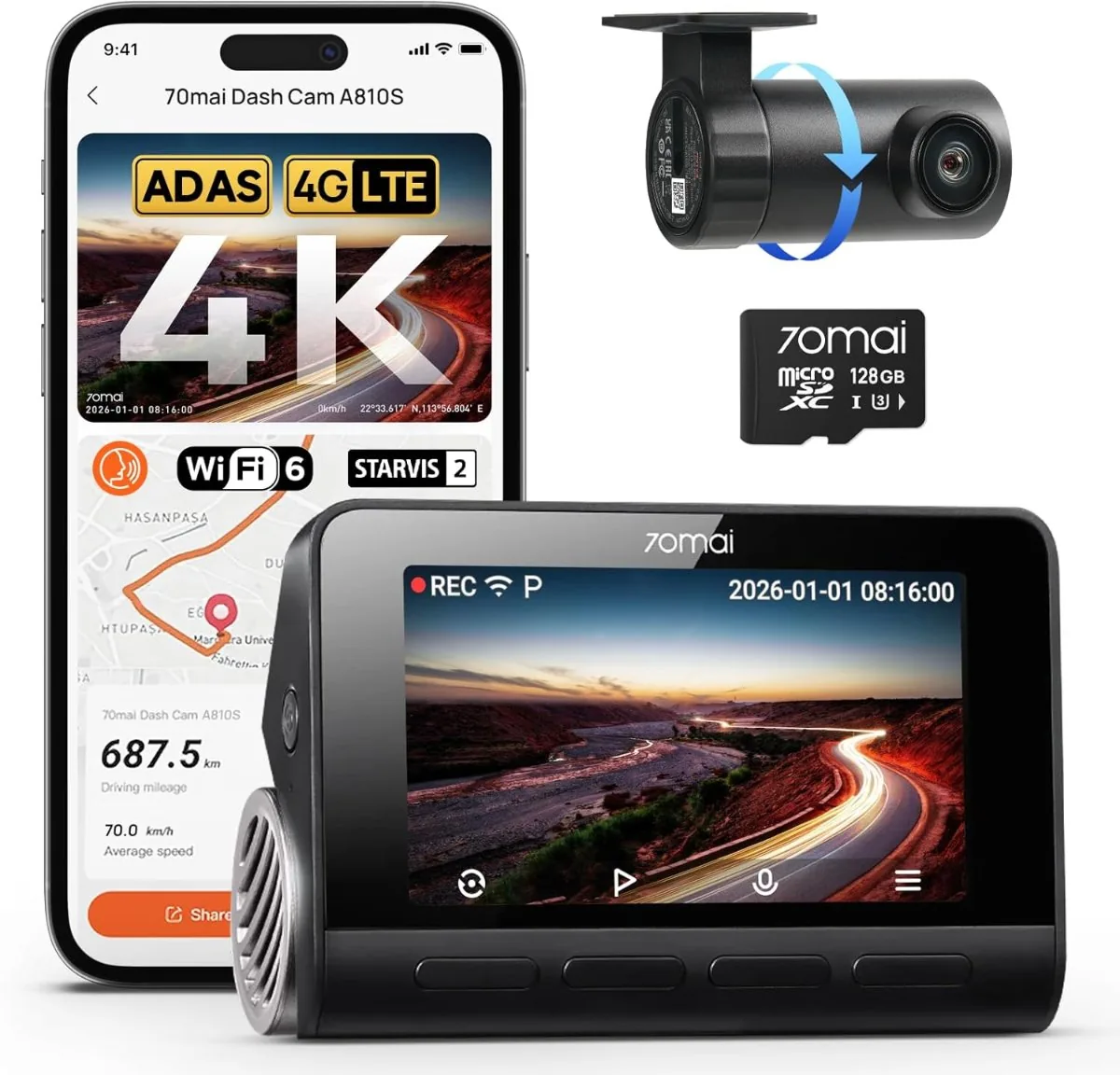70mai Dash Cam 4K A810S front and rear