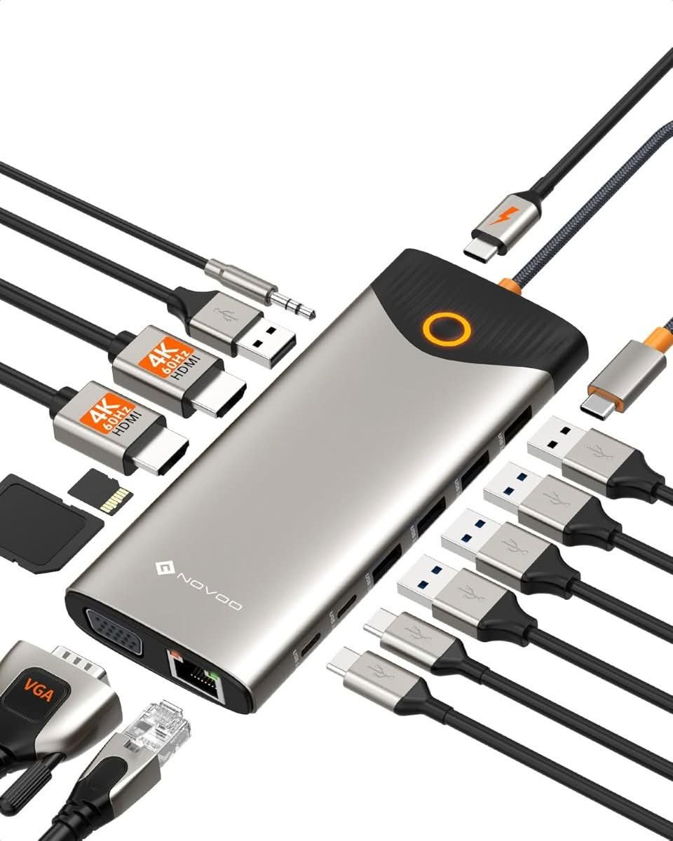 NOVOO 15-in-1 USB-C Docking Station, Dual 4K@60Hz - Best for Dual 4K Monitors