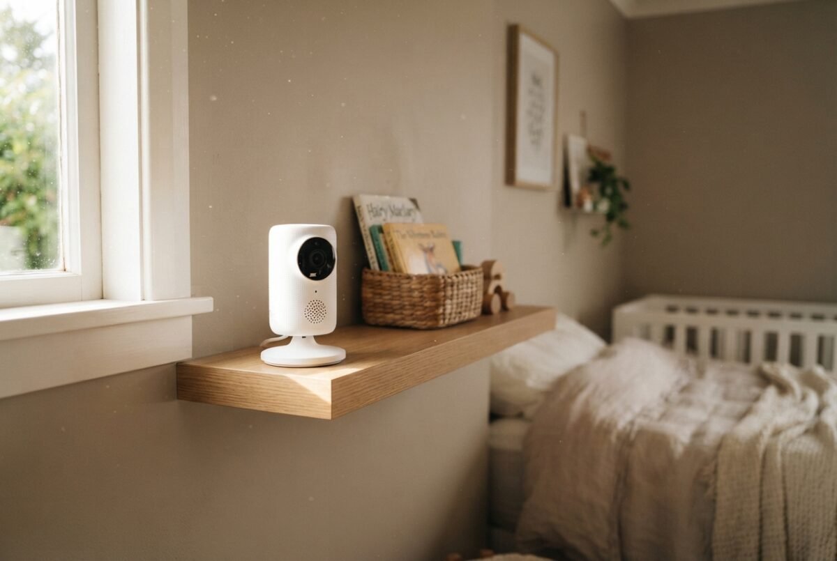 A modern baby monitor on a wooden shelf in a sunlit New Zealand home