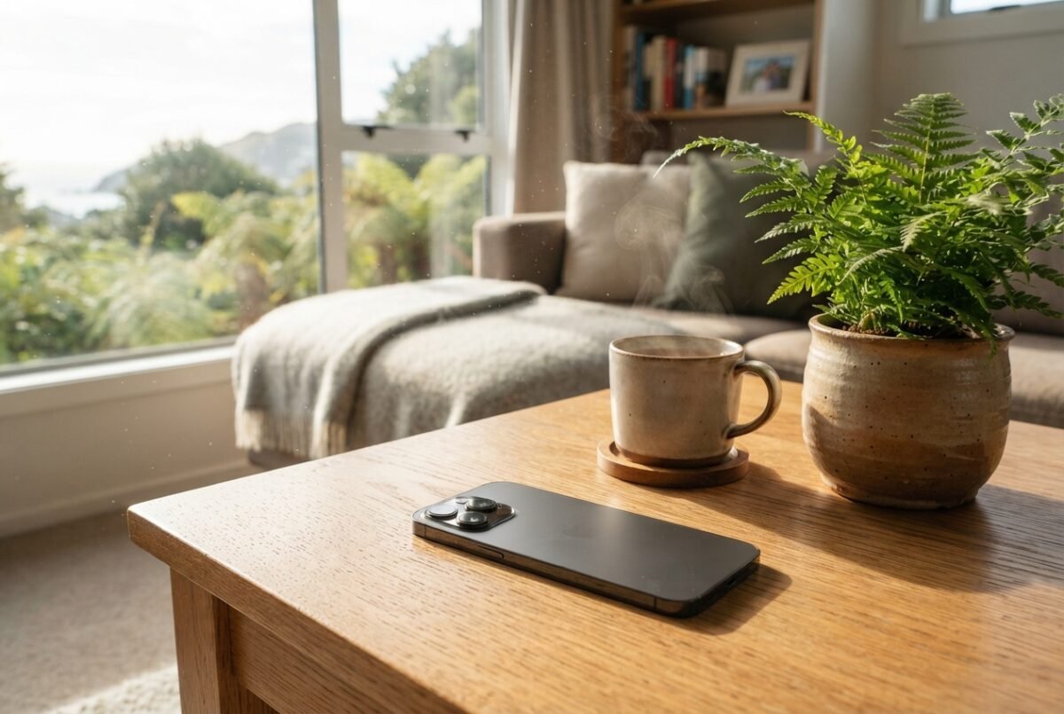 An unbranded smartphone resting on a wooden table in a sunlit New Zealand living room, representing the best camera phone in NZ.