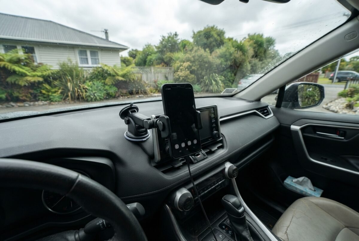 A secure smartphone mounted on a car dashboard in New Zealand, showing the best car phone mount nz setup.