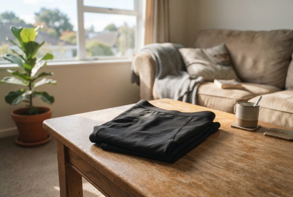 Folded athletic compression shorts resting on a wooden table in a sunlit New Zealand home setting.