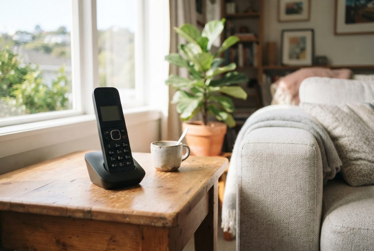 A modern cordless phone on a wooden table in a sunlit living room, representing the best cordless phone nz options.