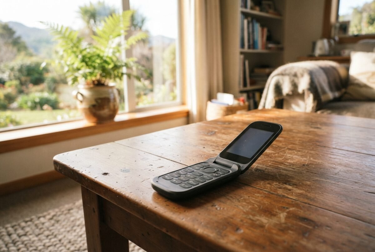 An unbranded flip phone resting on a wooden table, representing the best dumb phone nz choices for digital detox.