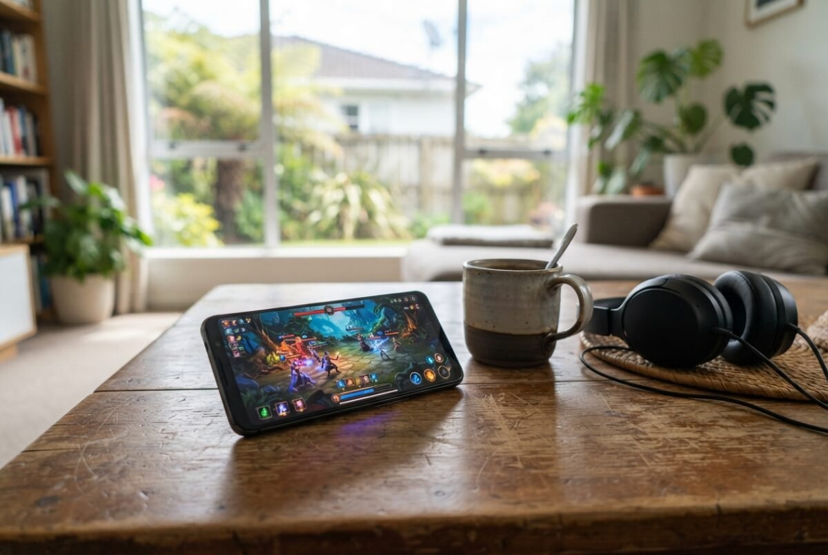 A smartphone displaying a game on a coffee table in a New Zealand living room representing the best gaming phone nz