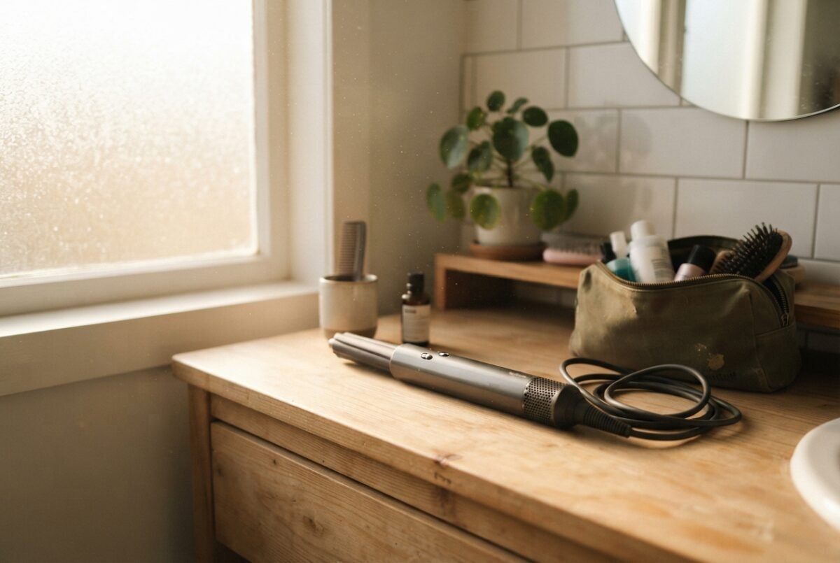 Unbranded best hair curler resting on a wooden vanity in a sunlit New Zealand bathroom.