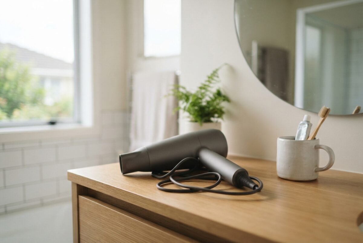 A modern hair dryer on a wooden bathroom vanity representing the best hair dryer nz options.
