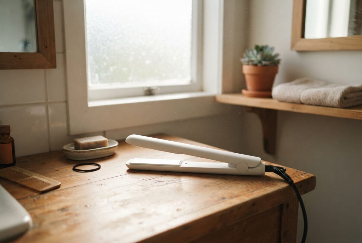 Unbranded hair straightener on a wooden vanity in a bright New Zealand home bathroom.