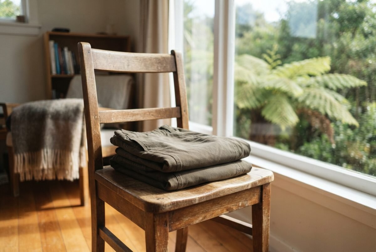 A pair of durable hiking pants neatly folded in a bright New Zealand home setting representing the best hiking pants nz.