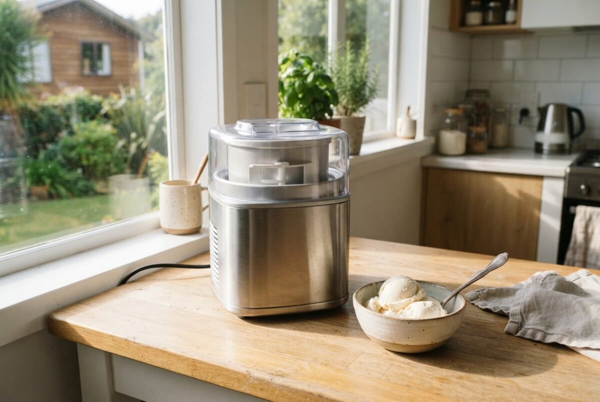 A modern ice cream maker on a kitchen counter with a bowl of fresh ice cream in a New Zealand home.