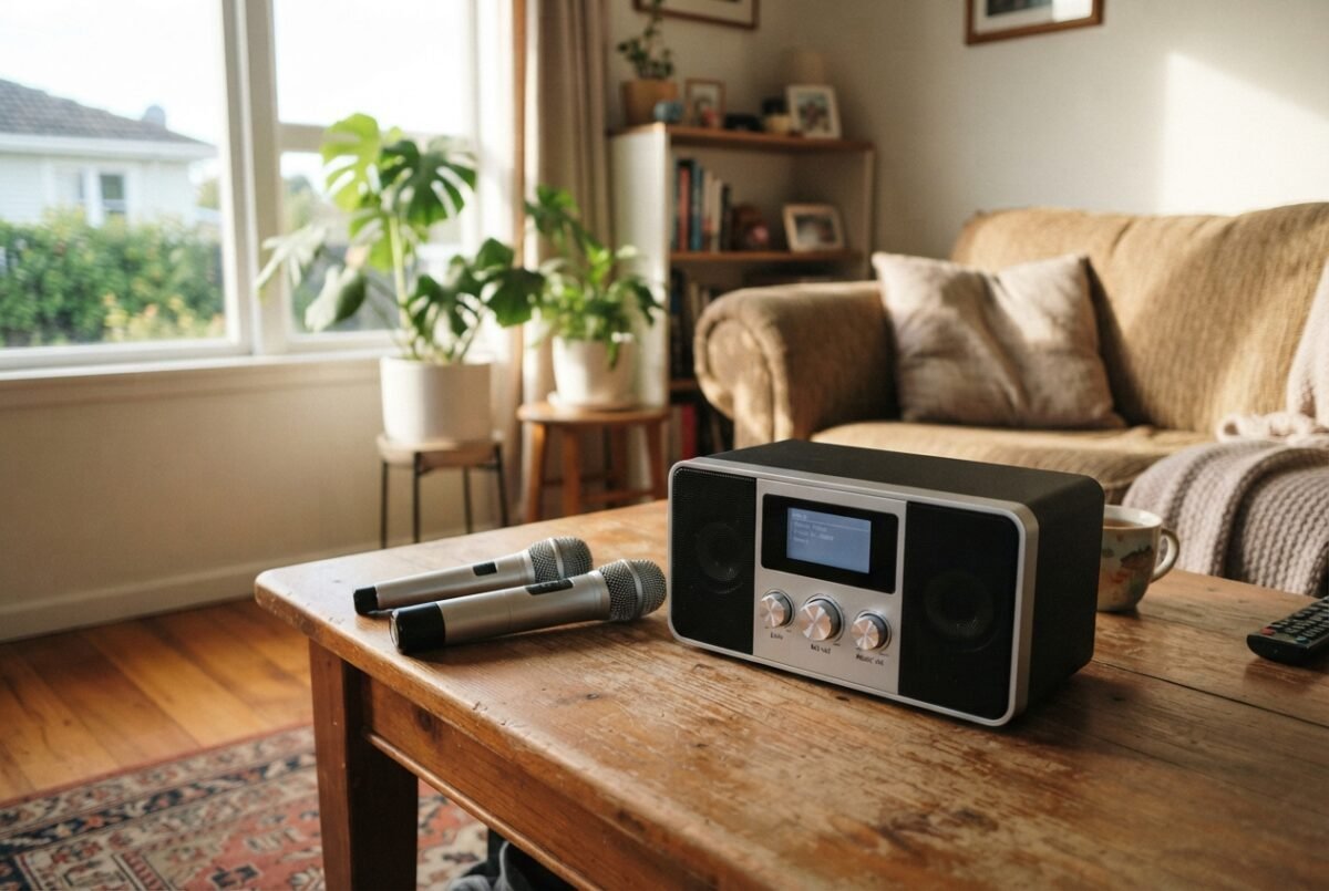 Unbranded karaoke machine with microphones on a coffee table in a sunlit NZ living room for the best karaoke machine nz guide