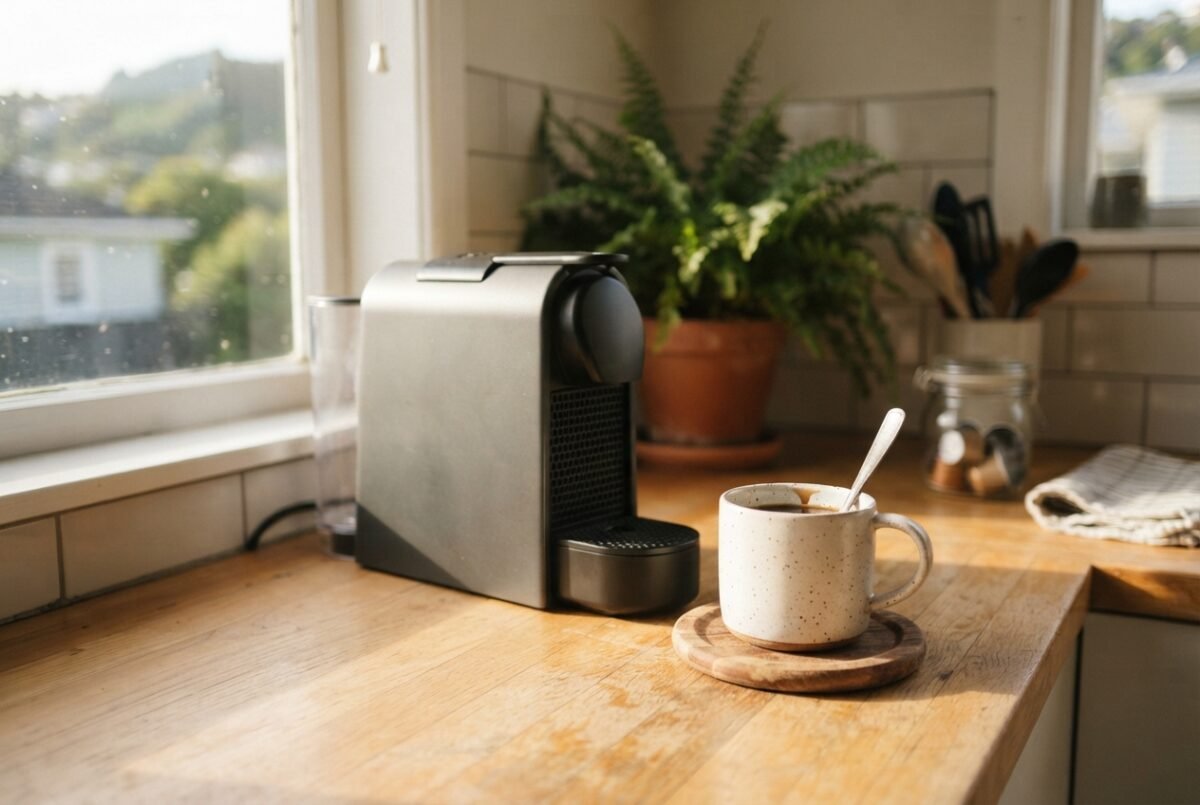 A modern unbranded capsule coffee machine on a bright kitchen counter in a New Zealand home representing the best nespresso machine nz options.