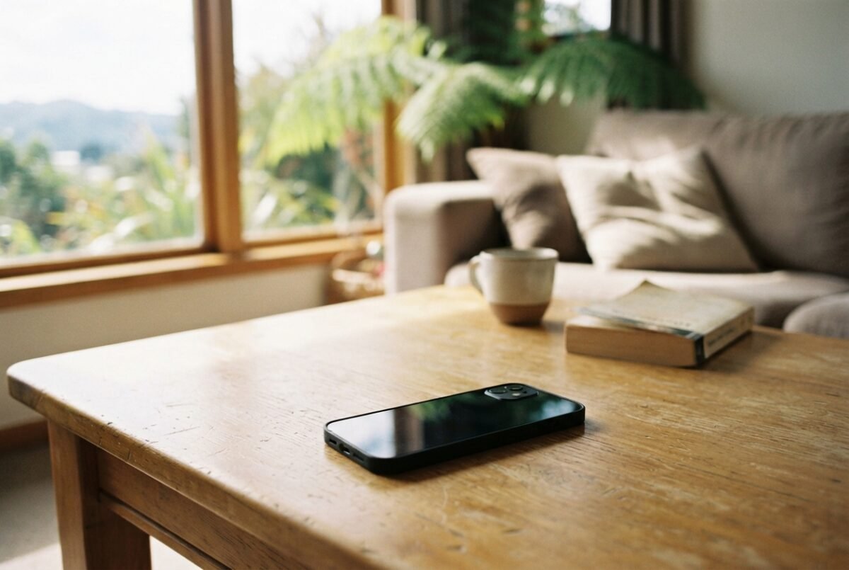 A sleek modern smartphone resting on a wooden table in a sunlit New Zealand home living room representing the best phone under 500 nz
