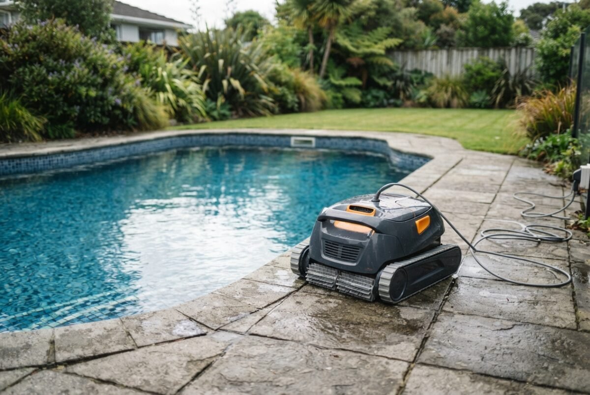 An unbranded robotic pool cleaner by the edge of a backyard swimming pool representing the best pool robot nz options.