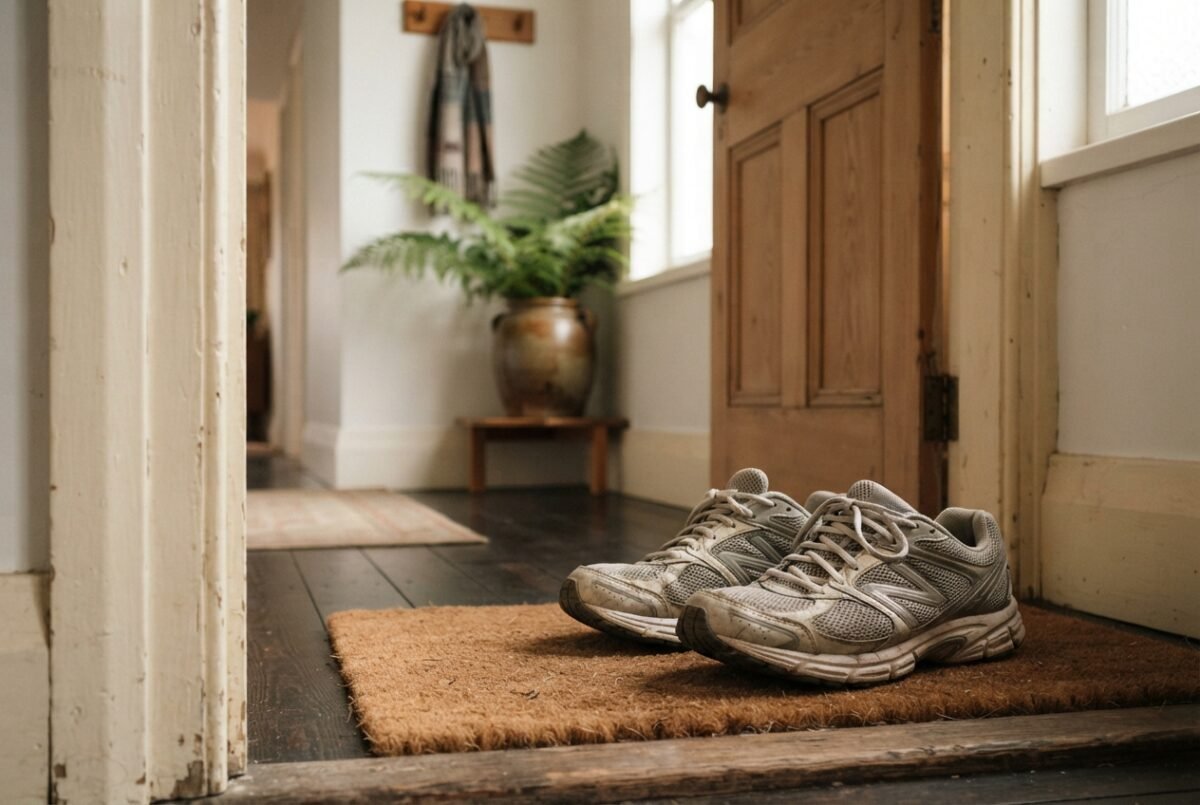A pair of comfortable running shoes placed by a doorway in a New Zealand home, representing the best running shoes nz.