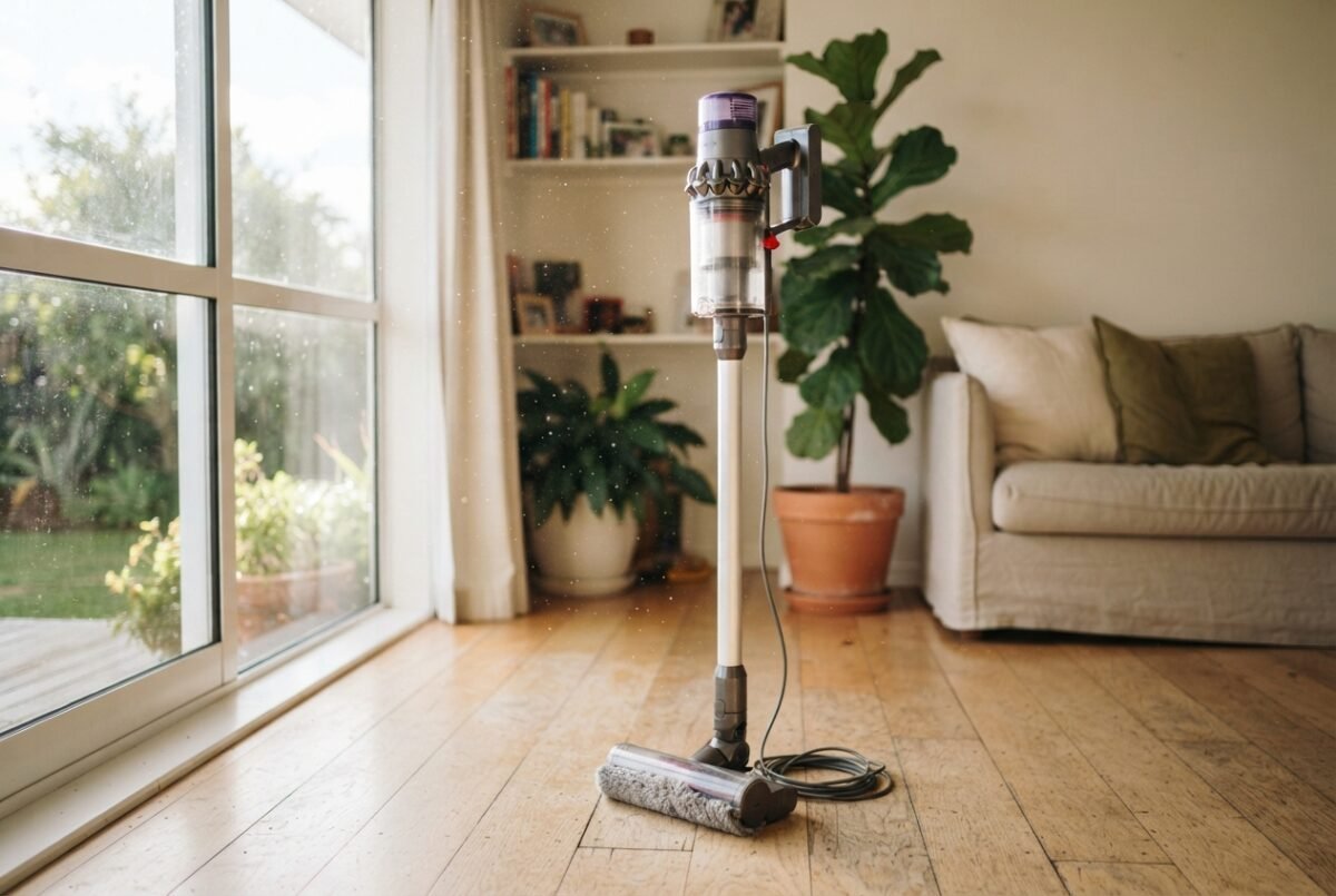 An upright vacuum cleaner standing on a wooden floor in a sunlit New Zealand home for the best shark vacuum nz guide.