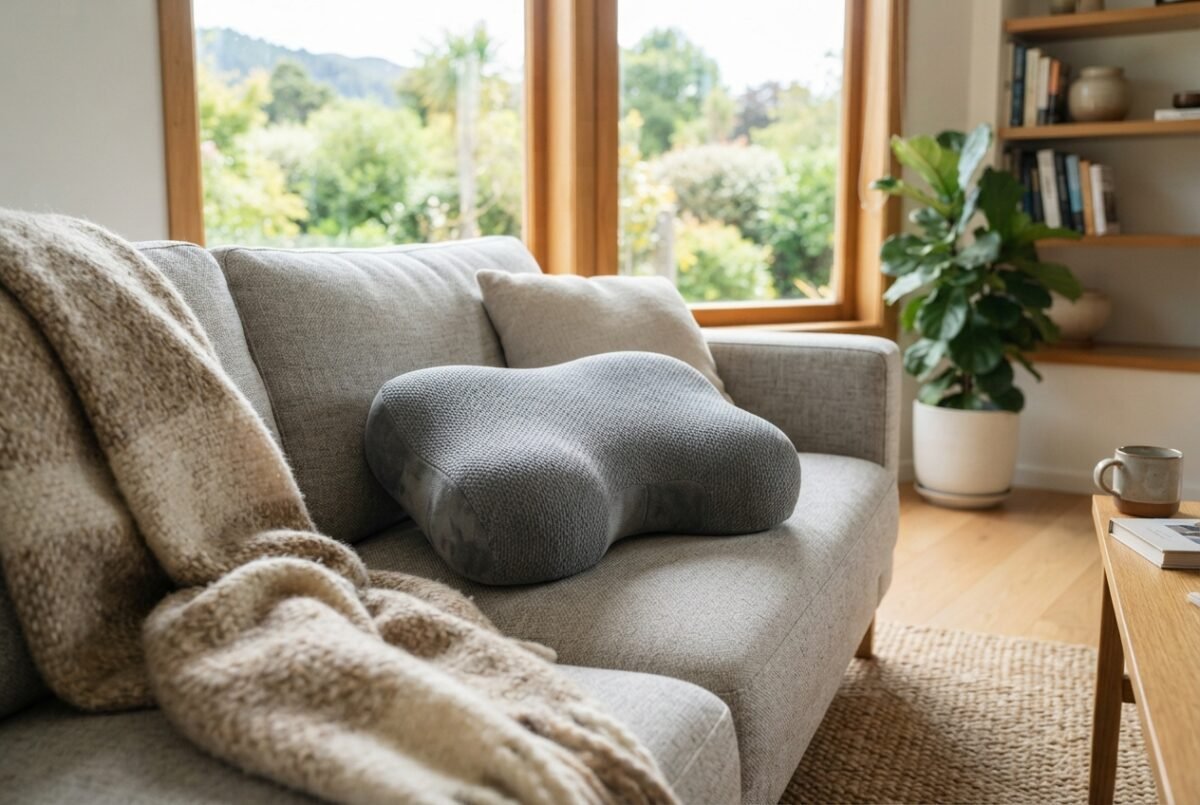 A comfortable travel pillow resting on a sofa in a modern home, representing the best travel pillows in NZ.
