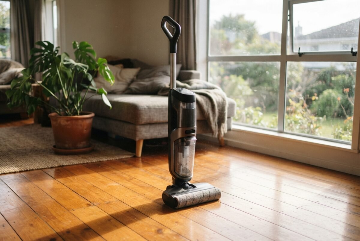 A wet and dry floor cleaner standing ready on a wooden floor in a sunlit New Zealand home
